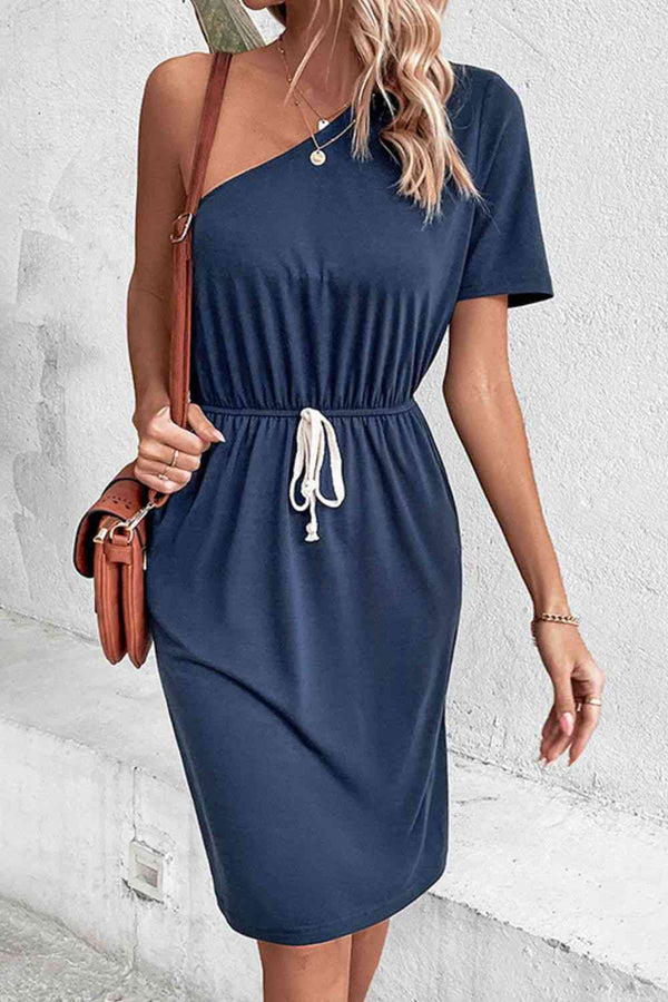 One-Shoulder Short Sleeve Knee-Length Dress -BazaarBey - www.shopbazaarbey.com