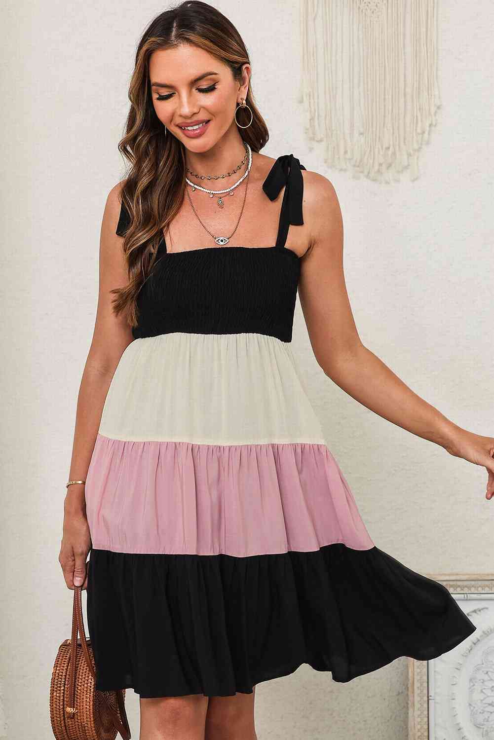 Color Block Tie Shoulder Tiered Dress -BazaarBey - www.shopbazaarbey.com