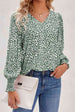 Printed V-Neck Smocked Lantern Sleeve Blouse Trendsi