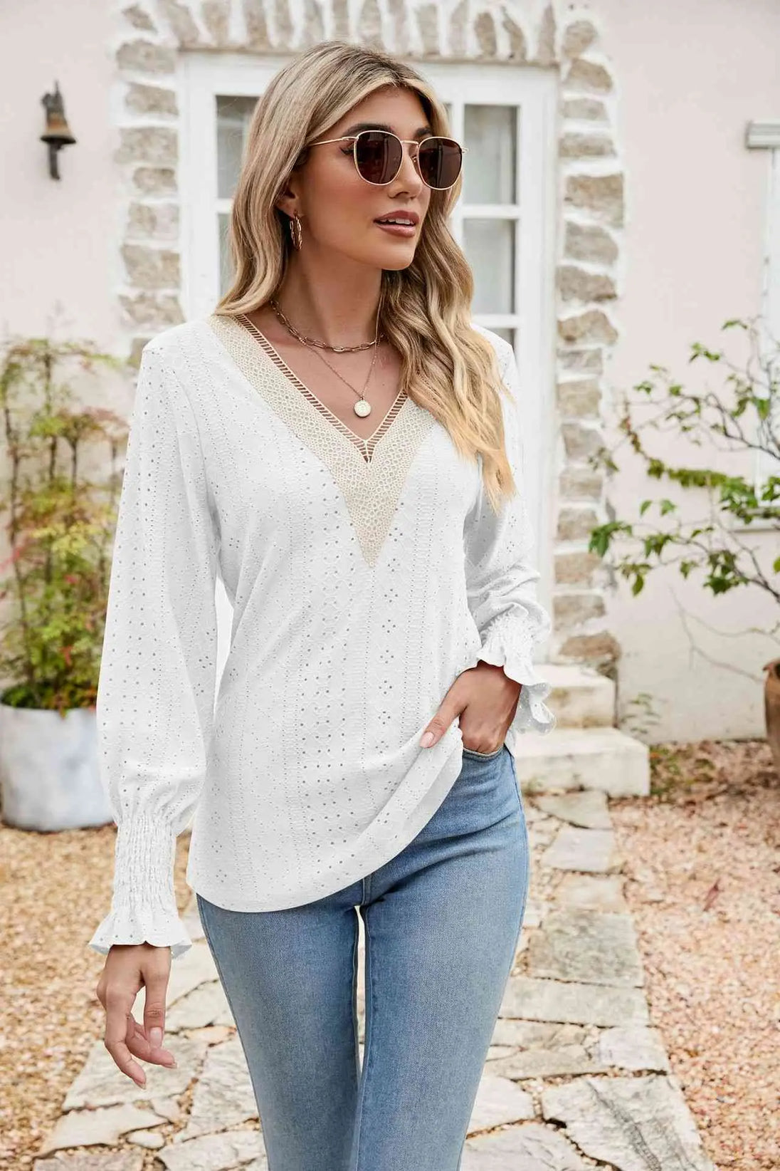 V-Neck Smocked Flounce Sleeve Blouse Bazaarbey