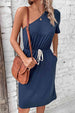 One-Shoulder Short Sleeve Knee-Length Dress -BazaarBey - www.shopbazaarbey.com
