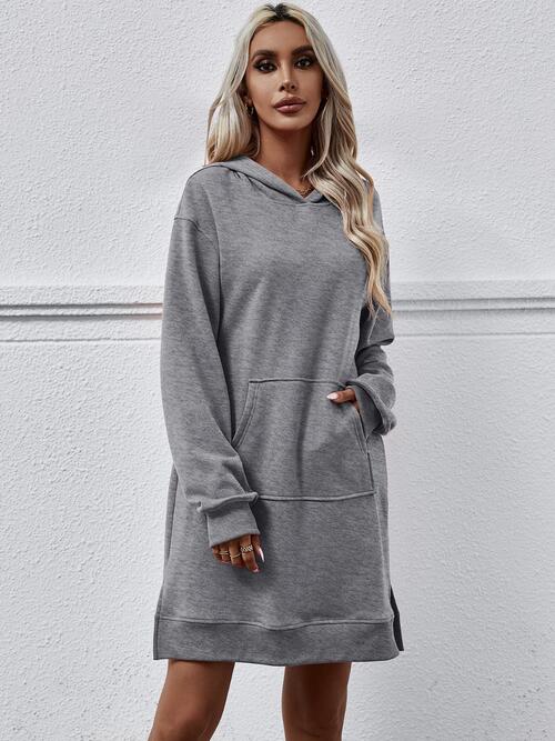 Slit Long Sleeve Hooded Dress with Pocket -BazaarBey - www.shopbazaarbey.com