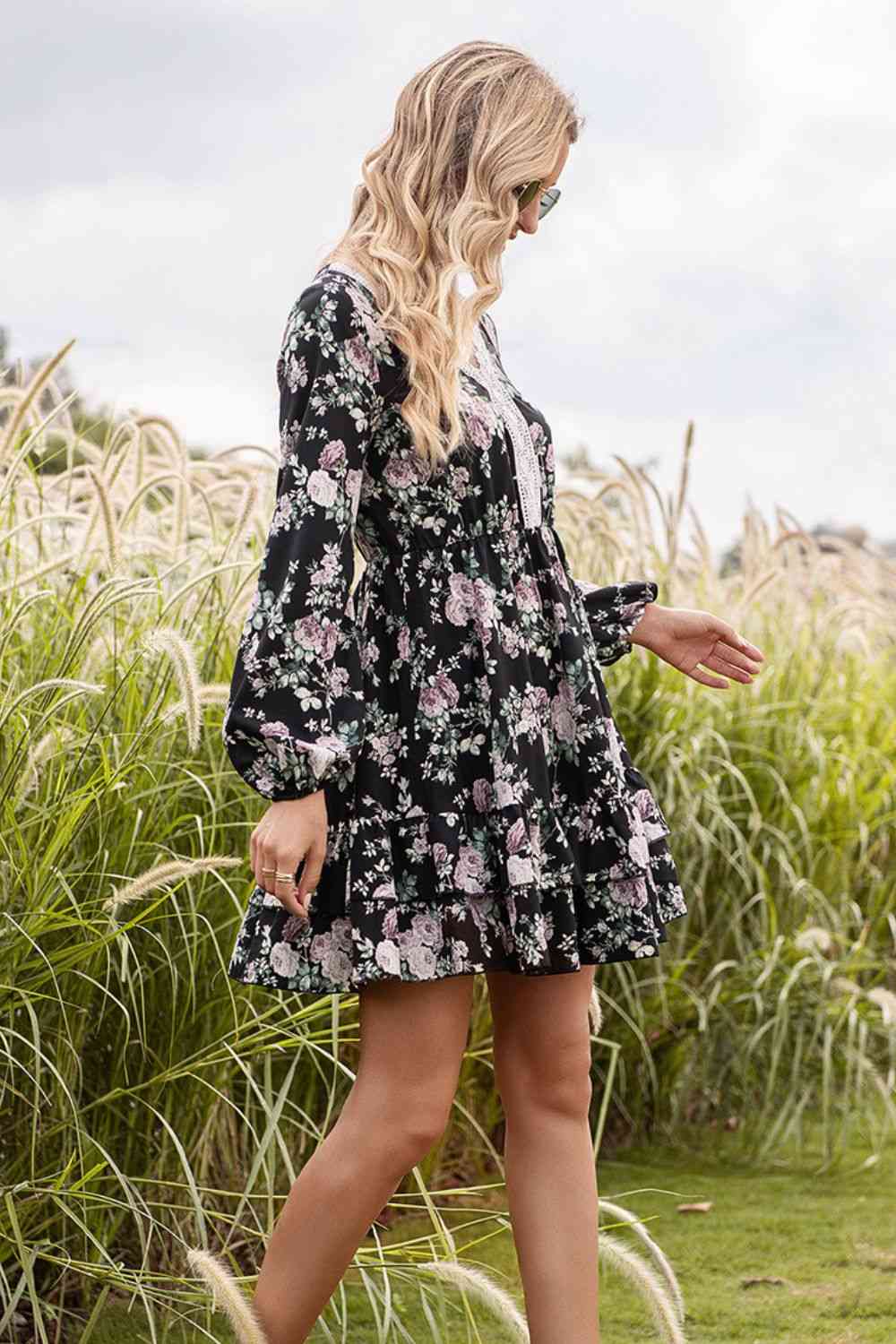 Floral Lace Trim Long Sleeve Dress -BazaarBey - www.shopbazaarbey.com
