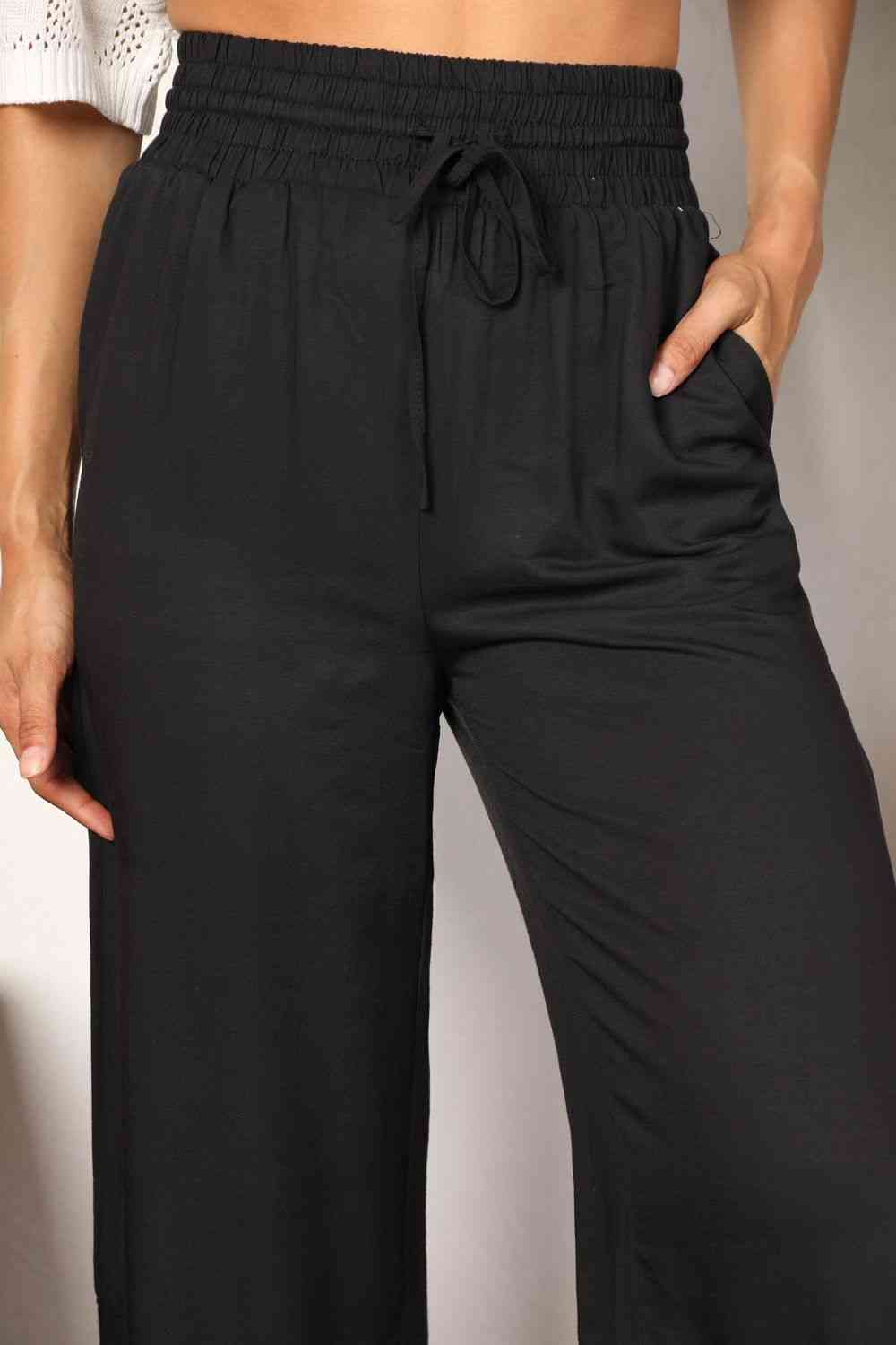  Drawstring Smocked Waist Wide Leg Pants Bazaarbey