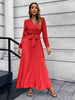 V-Neck Tie Waist Pleated Maxi Dress Bazaarbey