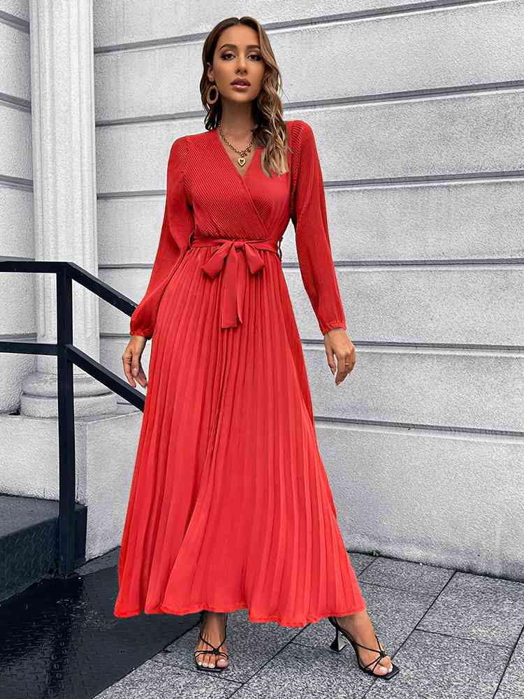 V-Neck Tie Waist Pleated Maxi Dress Bazaarbey
