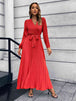 V-Neck Tie Waist Pleated Maxi Dress Bazaarbey