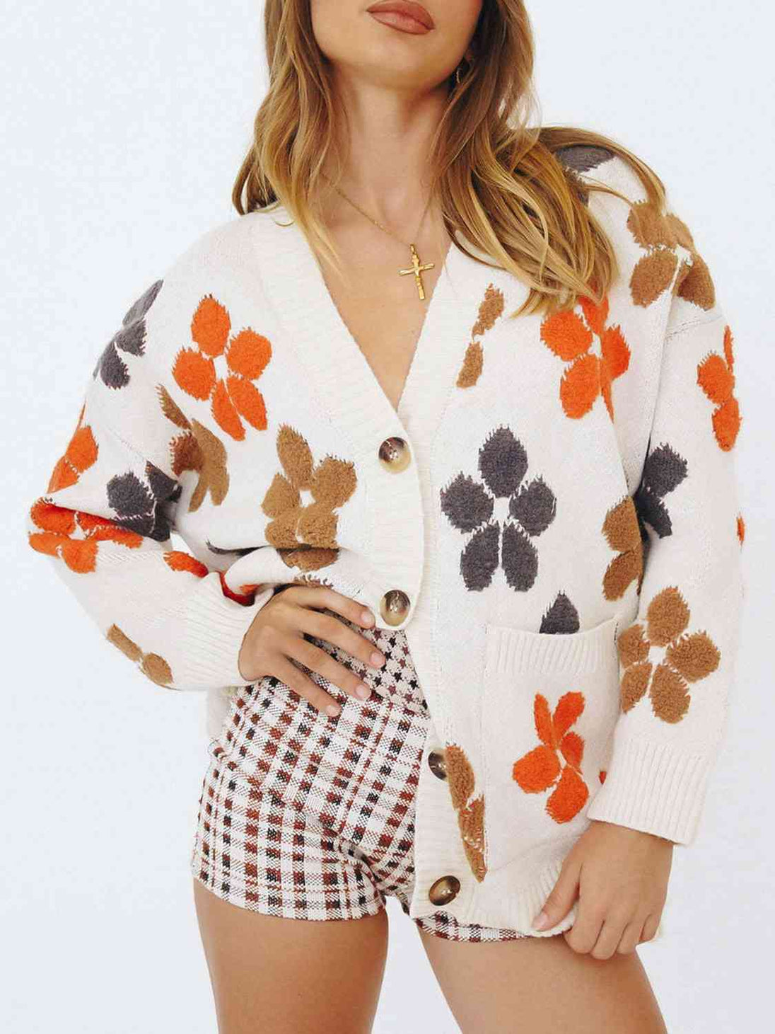 BazaarBey Floral V-Neck Button Up Long Sleeve Cardigan Bazaarbey
