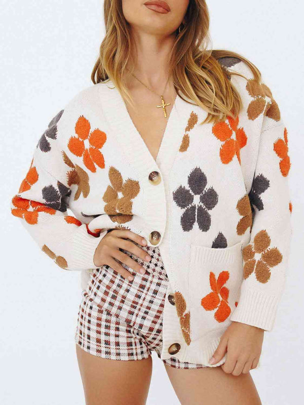 BazaarBey Floral V-Neck Button Up Long Sleeve Cardigan Bazaarbey