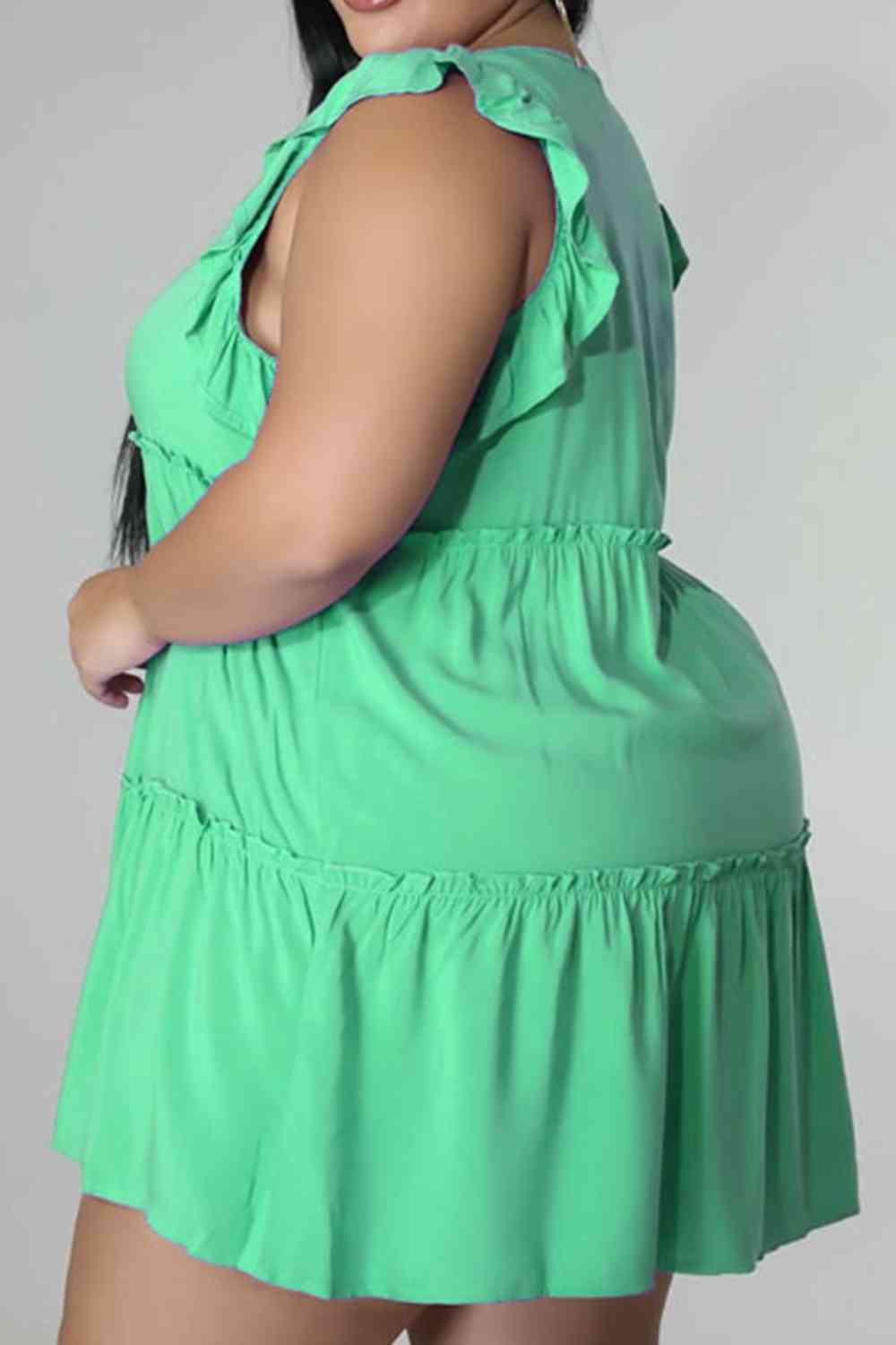 Plus Size V-Neck Frill Trim Mini Dress -BazaarBey - www.shopbazaarbey.com