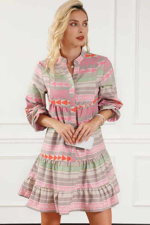 Tiered Notched Balloon Sleeve Buttoned Dress -BazaarBey - www.shopbazaarbey.com