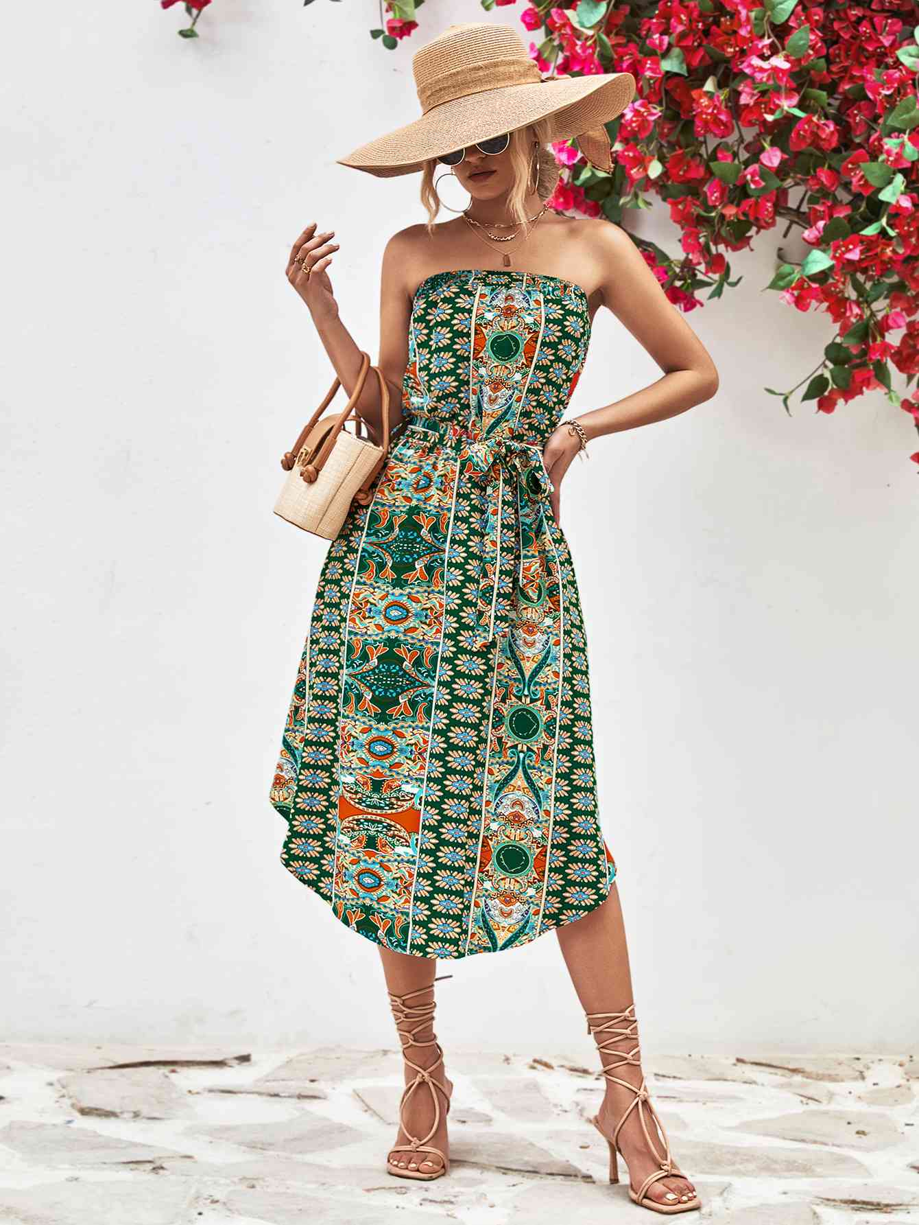 Printed Strapless Tie Belt Dress -BazaarBey - www.shopbazaarbey.com