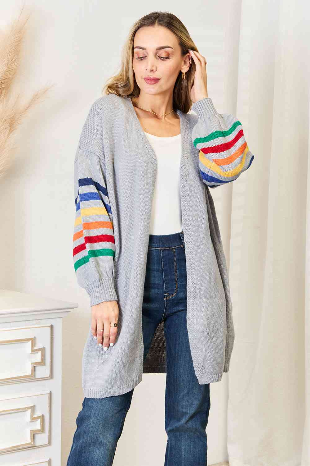 BazaarBey  Multicolored Stripe Open Front Longline Cardigan Bazaarbey