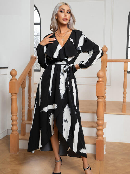 Printed Tie Front Ruffle Trim Long Sleeve Dress -BazaarBey - www.shopbazaarbey.com