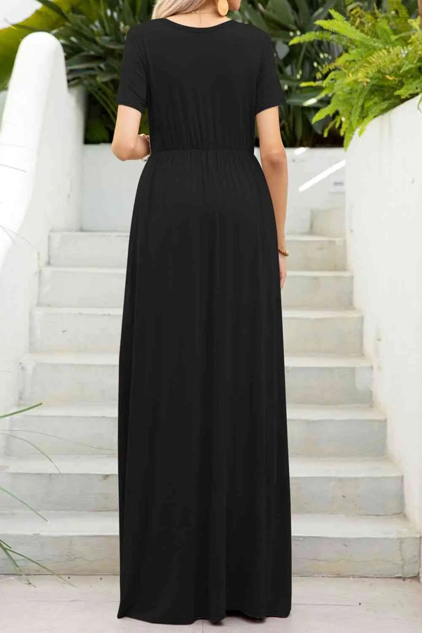 Round Neck Maxi Tee Dress with Pockets -BazaarBey - www.shopbazaarbey.com