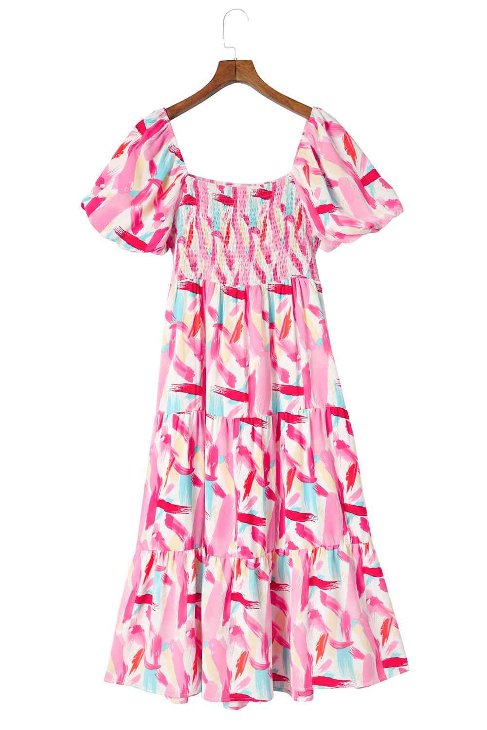 Printed Square Neck Tied Smocked Dress -BazaarBey - www.shopbazaarbey.com