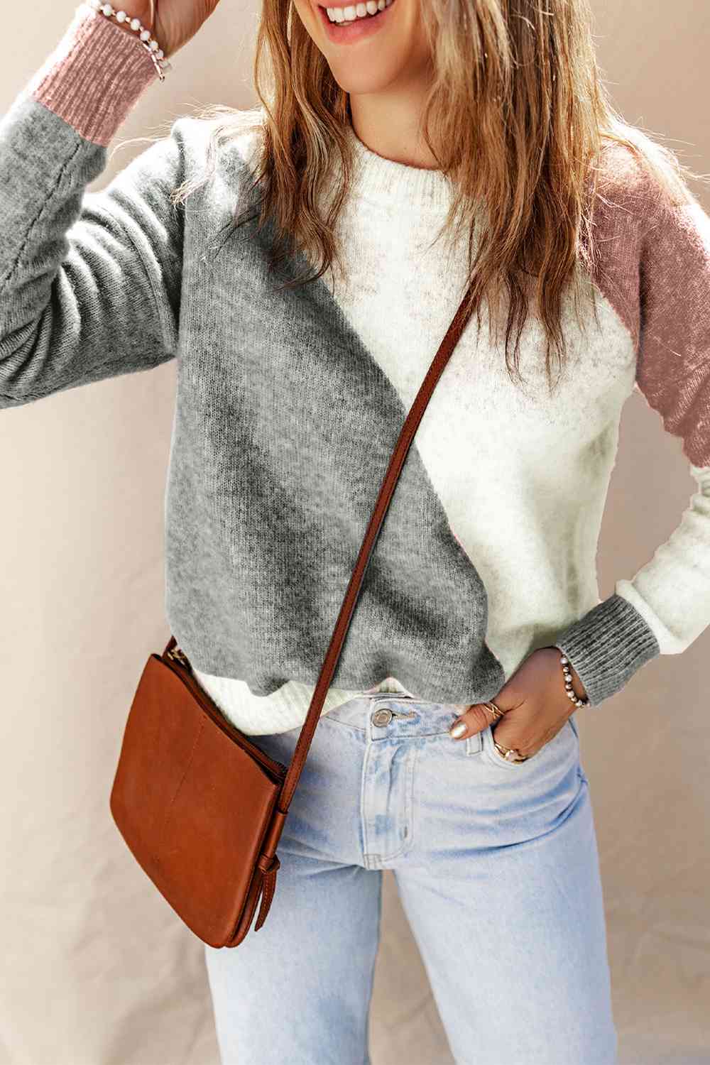 Color Block Round Neck Dropped Shoulder Pullover Sweater Bazaarbey