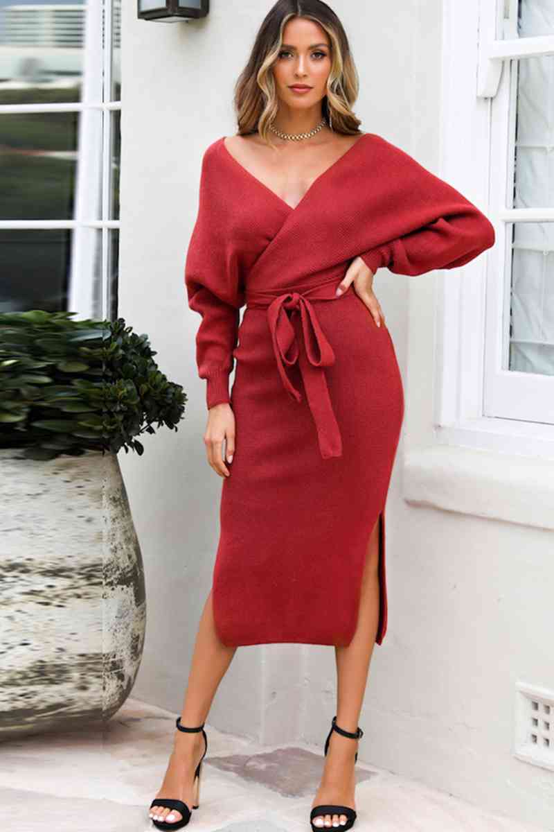 Surplice Neck Bow Waist Slit Sweater Dress Bazaarbey