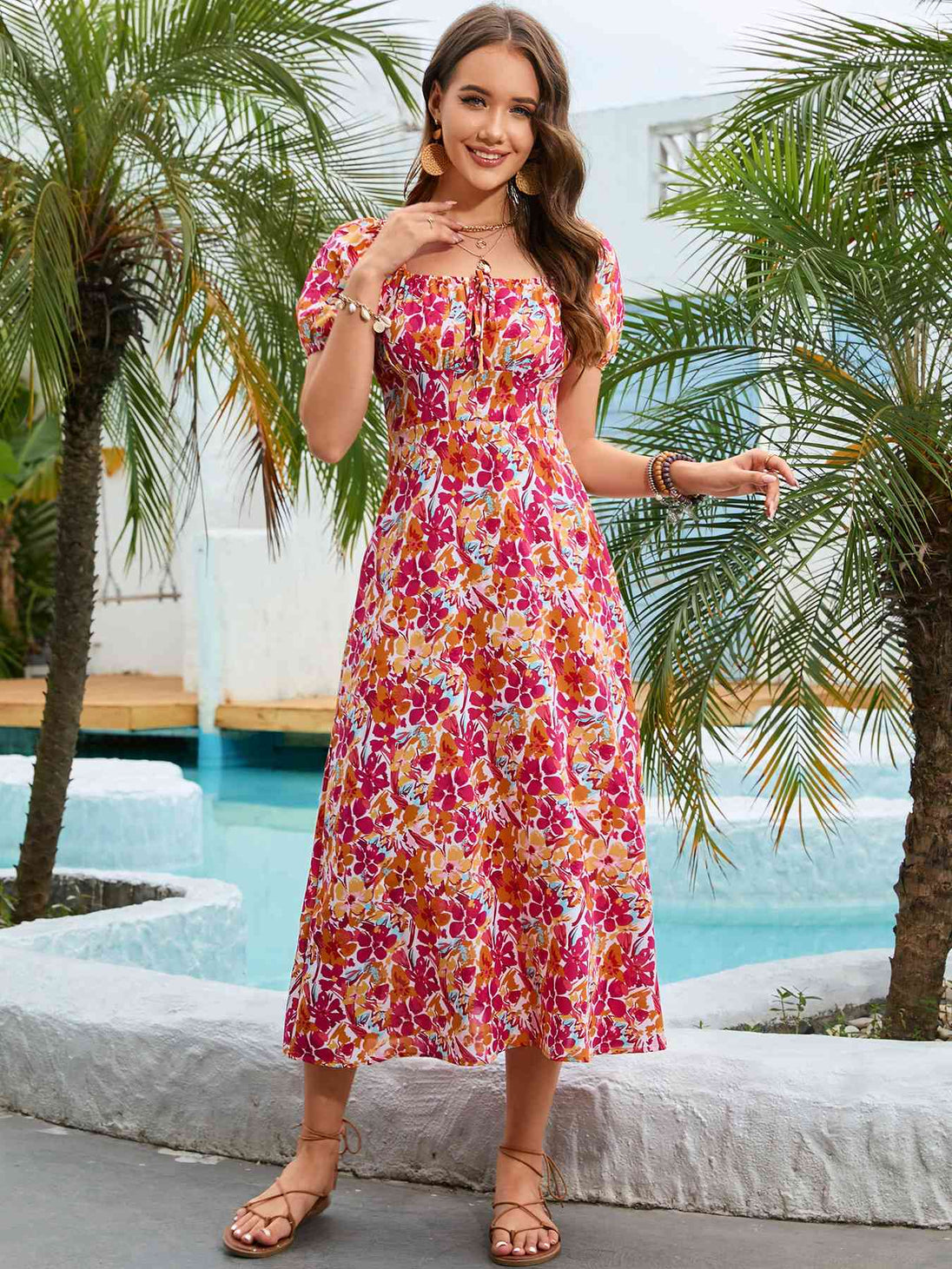 Floral Square Neck Short Sleeve Midi Dress -BazaarBey - www.shopbazaarbey.com
