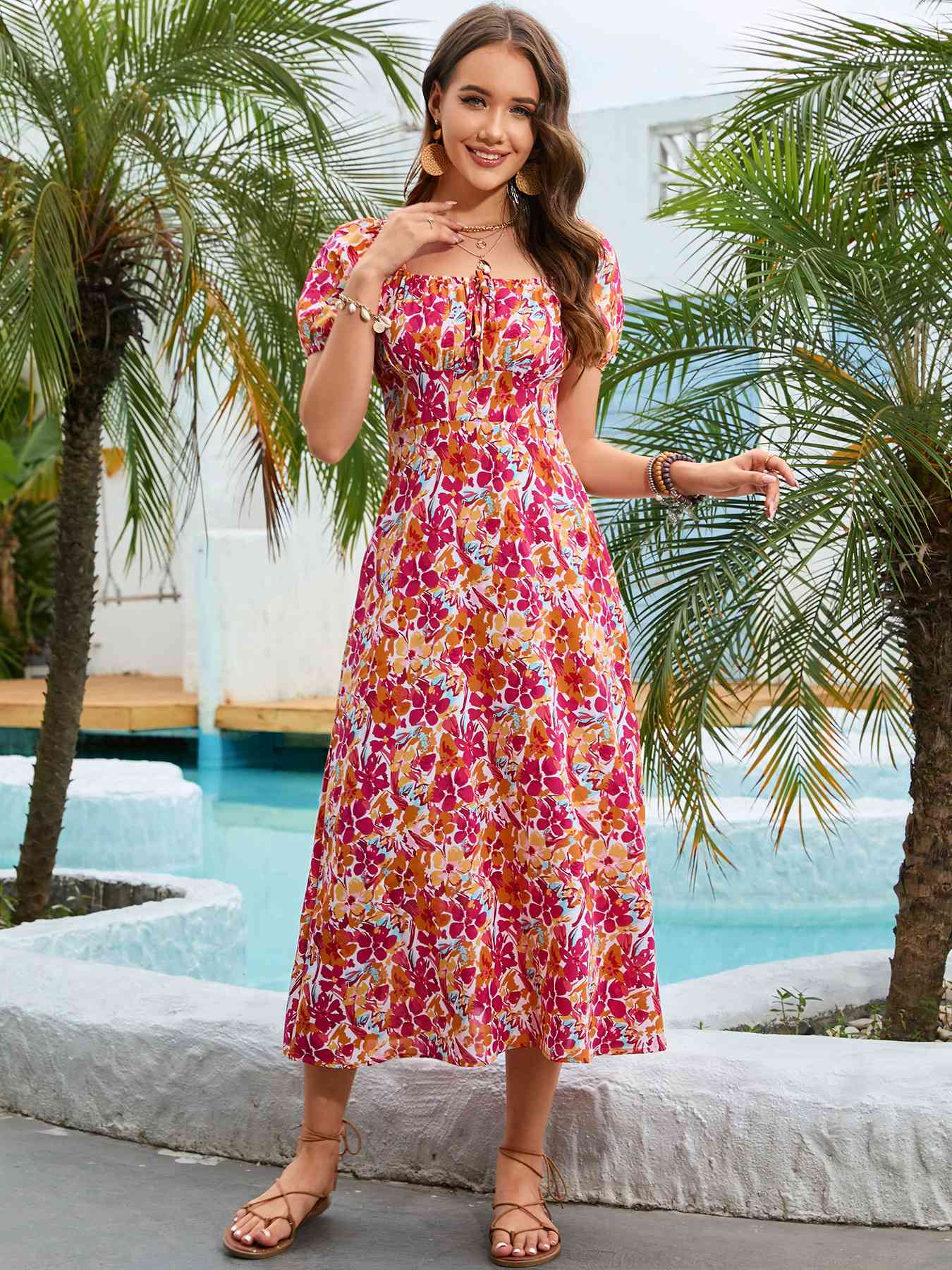 Floral Square Neck Short Sleeve Midi Dress -BazaarBey - www.shopbazaarbey.com