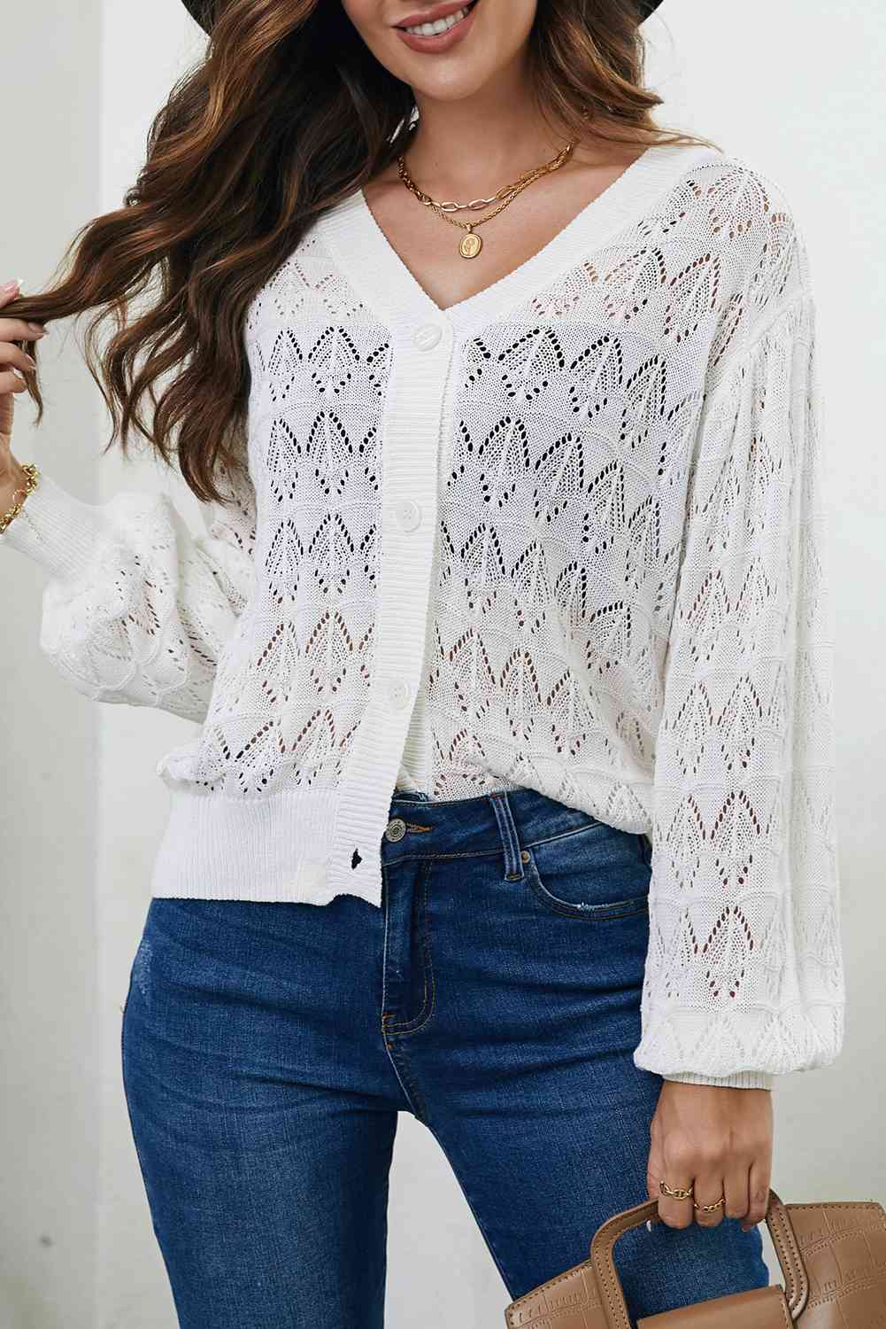 Openwork V-Neck Cardigan Bazaarbey