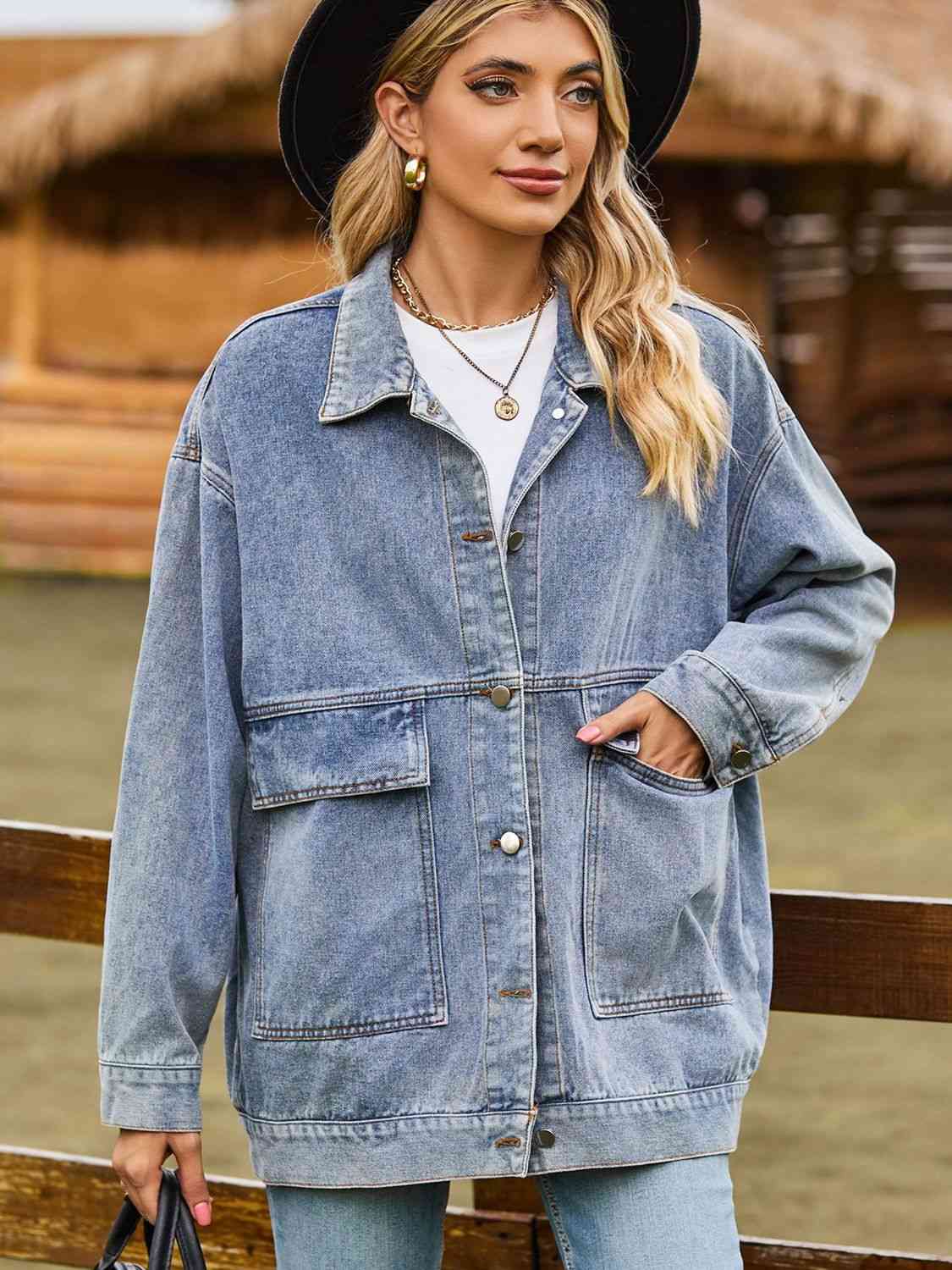 Dropped Shoulder Denim Jacket with Pockets Bazaarbey