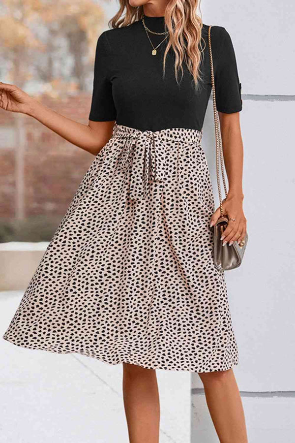 Printed Short Sleeve Belted Dress -BazaarBey - www.shopbazaarbey.com