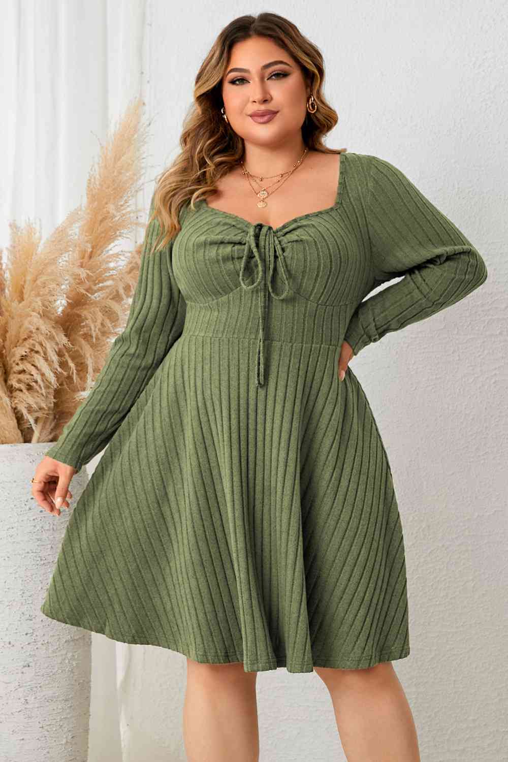 Plus Size Sweetheart Neck Long Sleeve Ribbed Dress -BazaarBey - www.shopbazaarbey.com