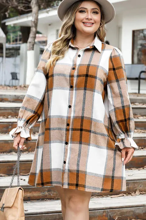Plus Size Plaid Button Up Shirt Dress -BazaarBey - www.shopbazaarbey.com