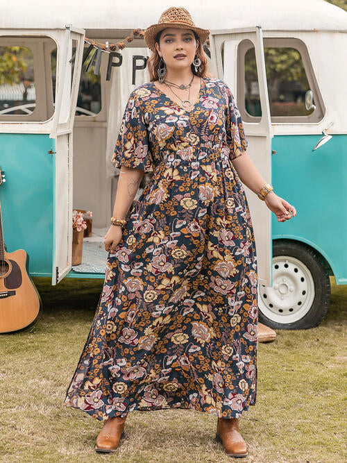 Floral V-Neck Short Sleeve Slit Dress -BazaarBey - www.shopbazaarbey.com