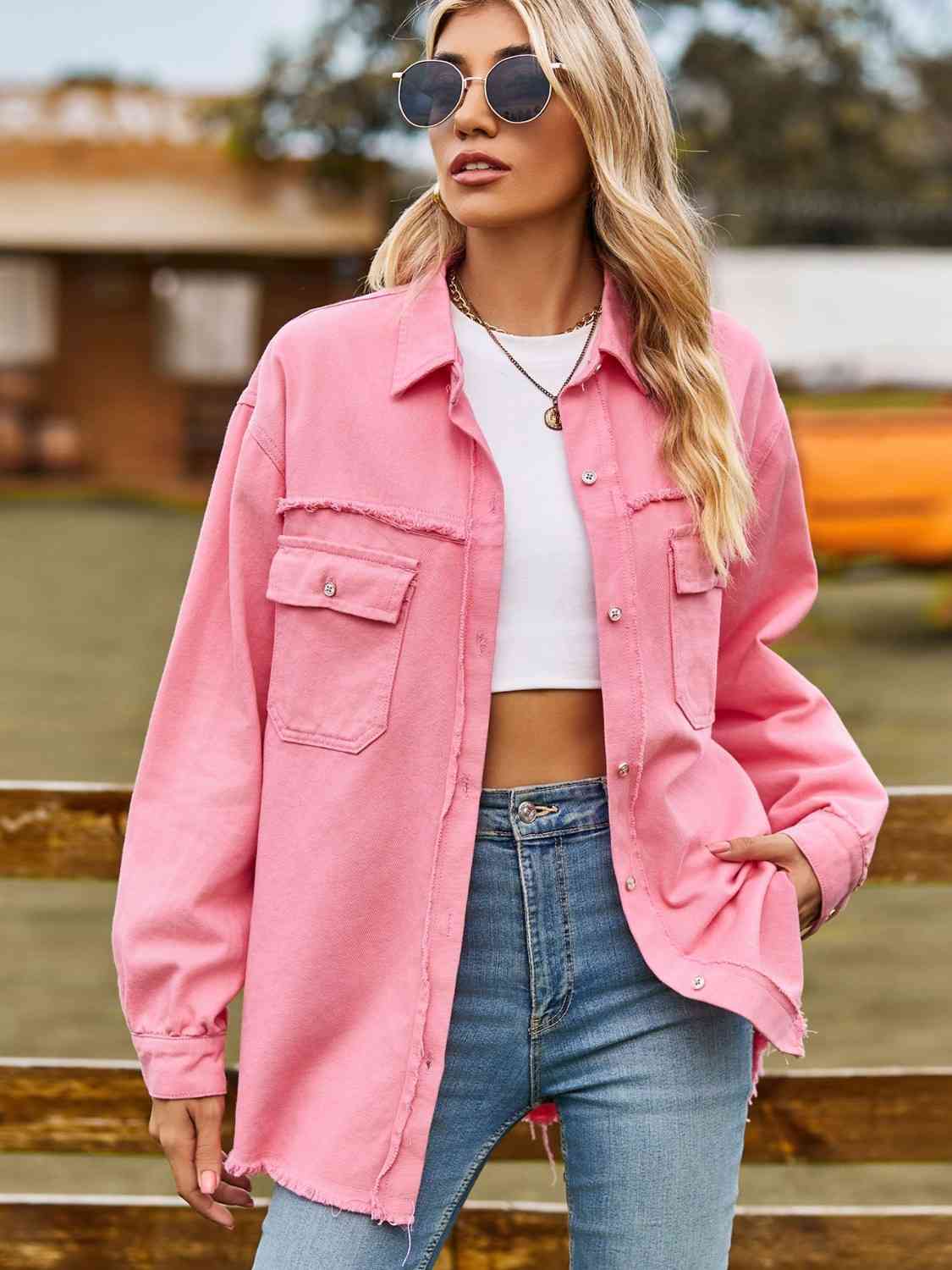 Button Up Collared Neck Raw Hem Denim Top Bazaarbey