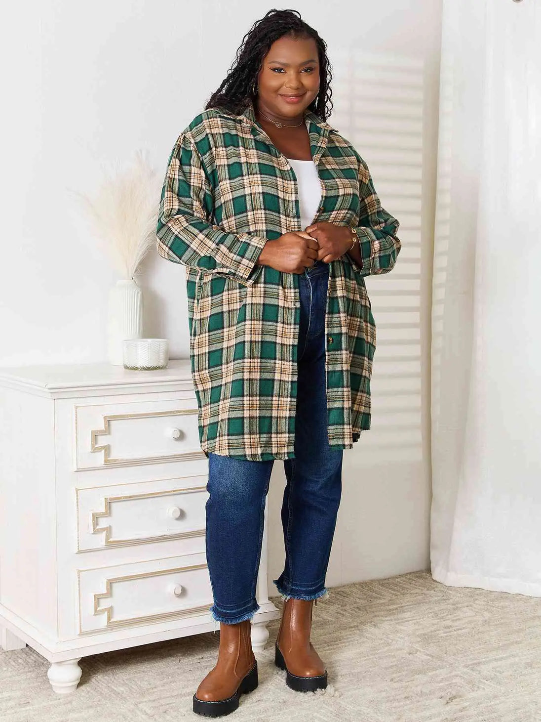  Plaid Collared Neck Long Sleeve Shirt Trendsi