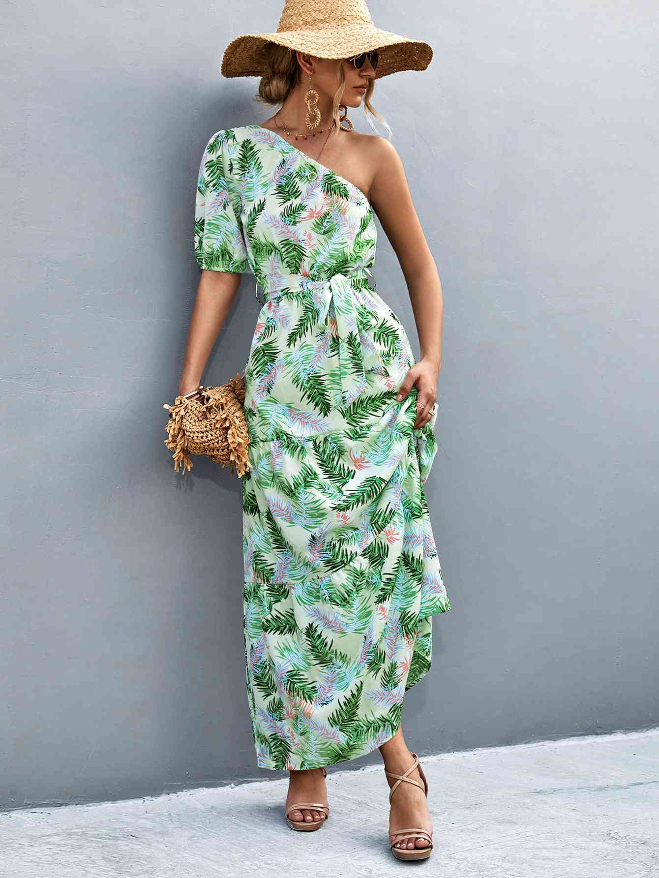 Printed Tie Waist One Shoulder Maxi Dress Bazaarbey
