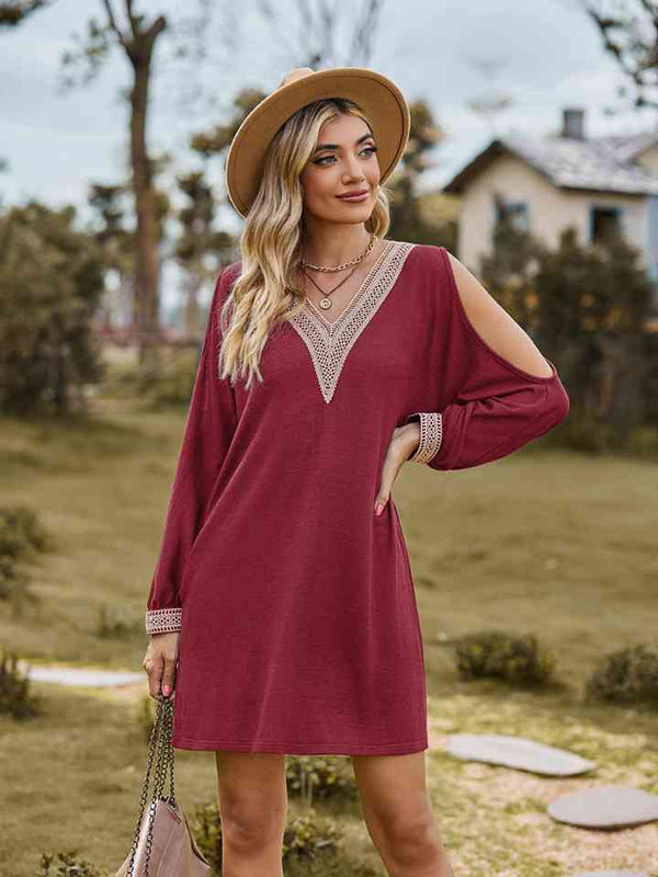 V-Neck Cutout Sleeve Mini Dress -BazaarBey - www.shopbazaarbey.com