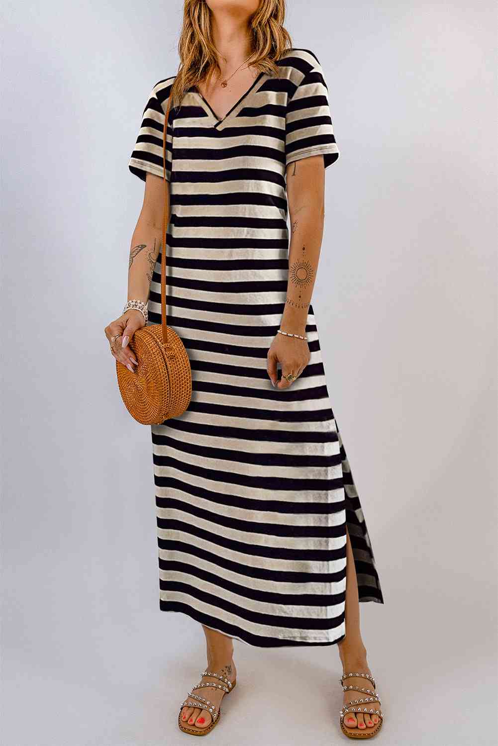 Striped V-Neck Short Sleeve Side Slit Dress -BazaarBey - www.shopbazaarbey.com