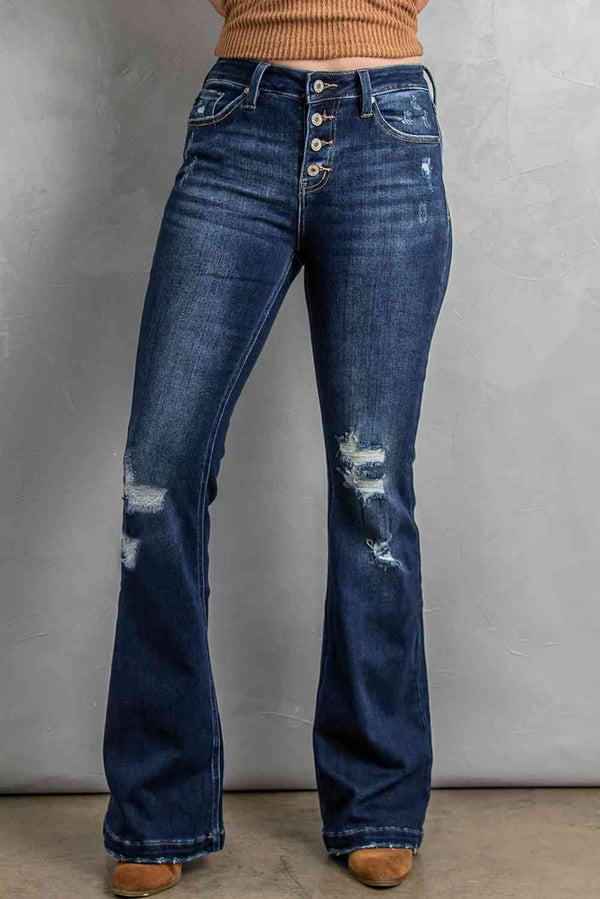 Button Fly Distressed Bootcut Jeans Trendsi