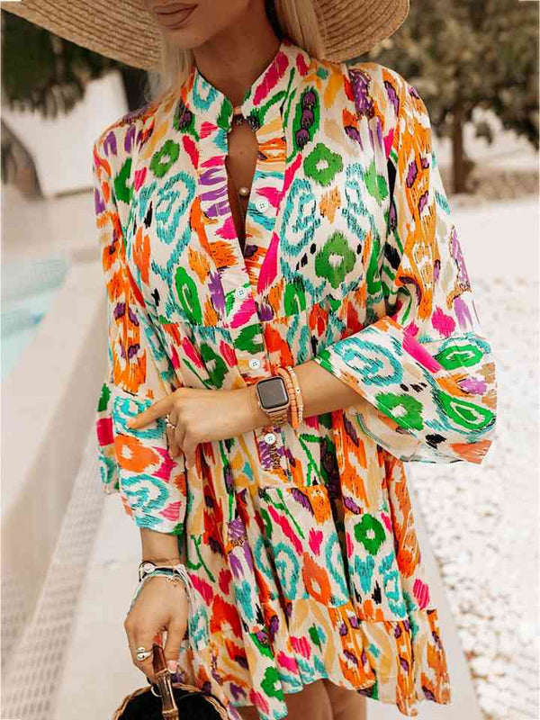 Printed Buttoned Long Sleeve Dress -BazaarBey - www.shopbazaarbey.com