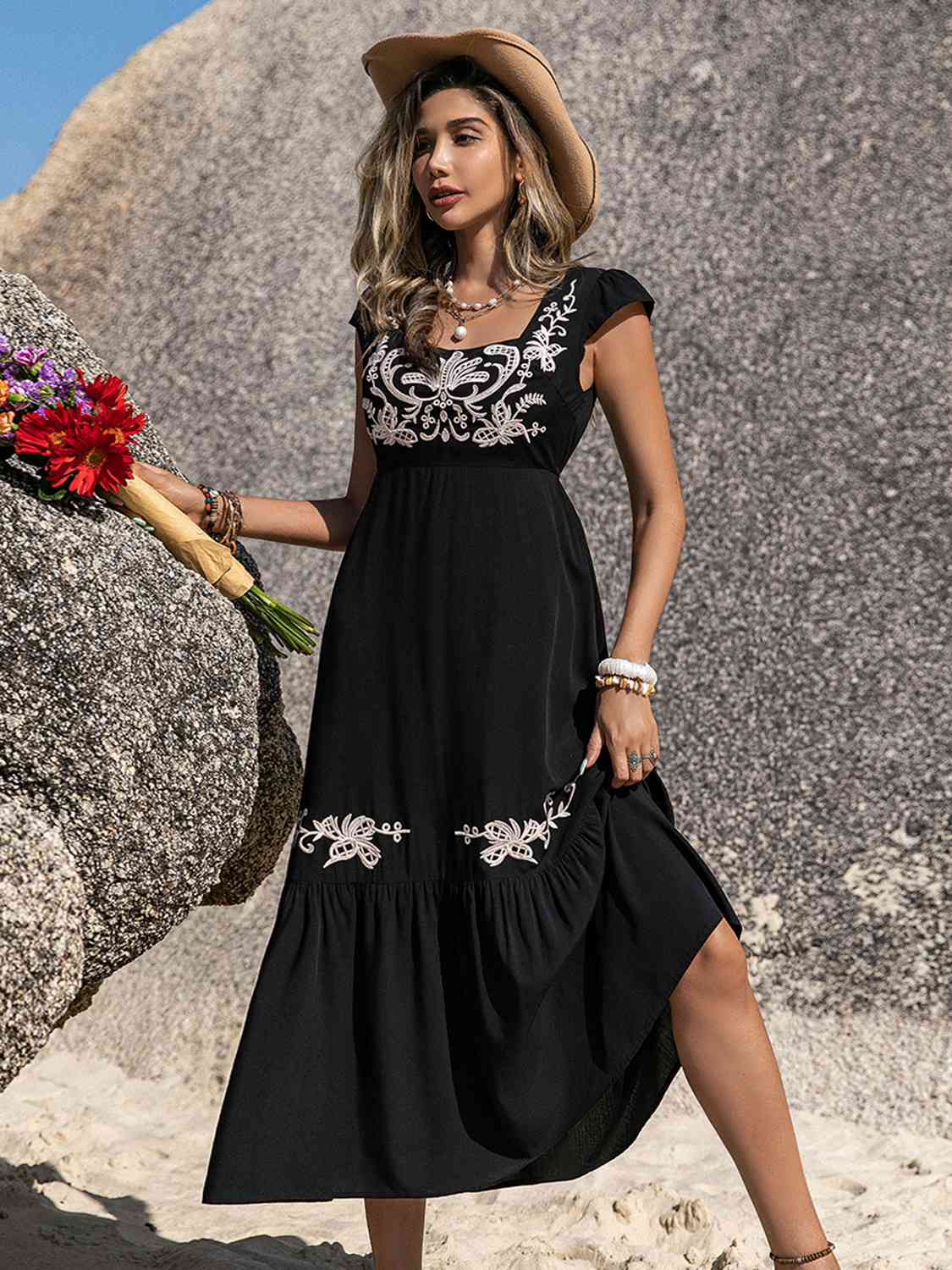 Embroidered Square Neck Ruffle Hem Dress -BazaarBey - www.shopbazaarbey.com