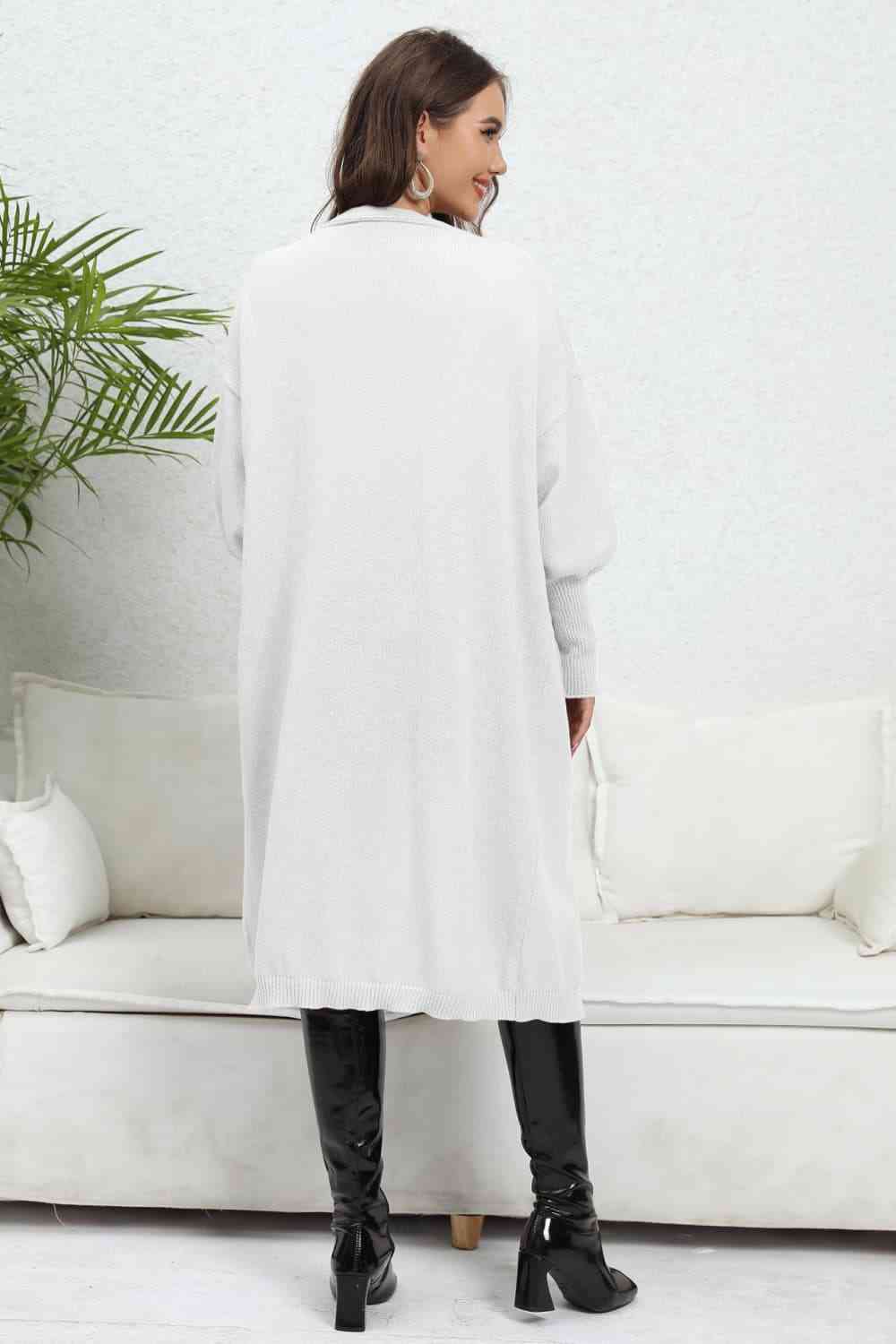 Lantern Sleeve Open Front Pocketed Cardigan Trendsi