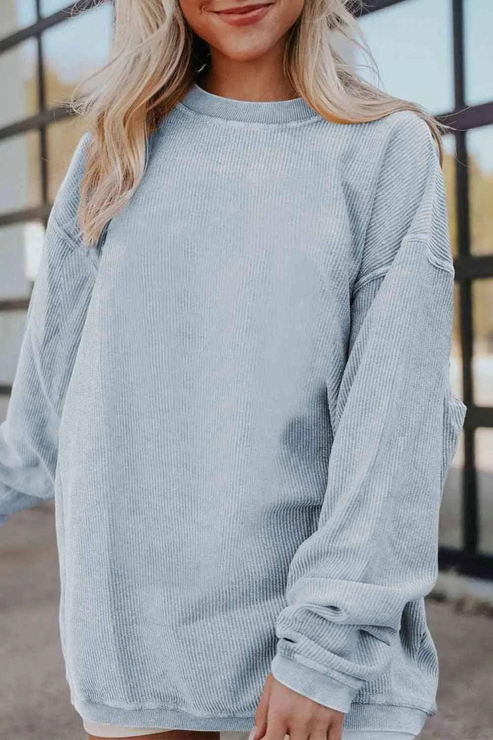 Ribbed Round Neck Drop Shoulder Sweatshirt Bazaarbey