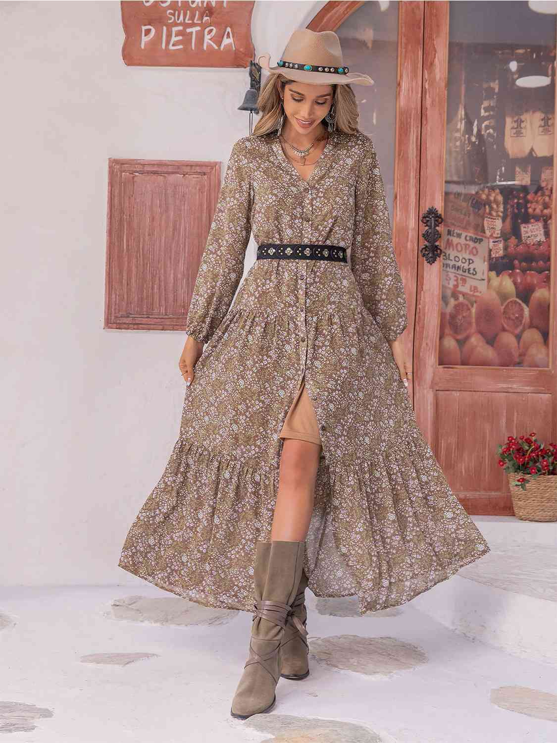 Floral Button Up V-Neck Tiered Dress -BazaarBey - www.shopbazaarbey.com