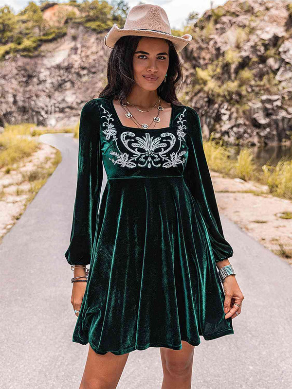 Embroidered Square Neck Long Sleeve Dress -BazaarBey - www.shopbazaarbey.com