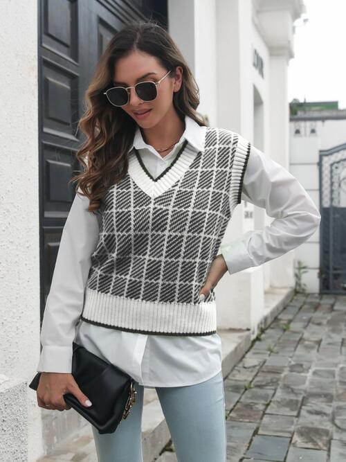 Plaid V-Neck Sweater Vest Trendsi