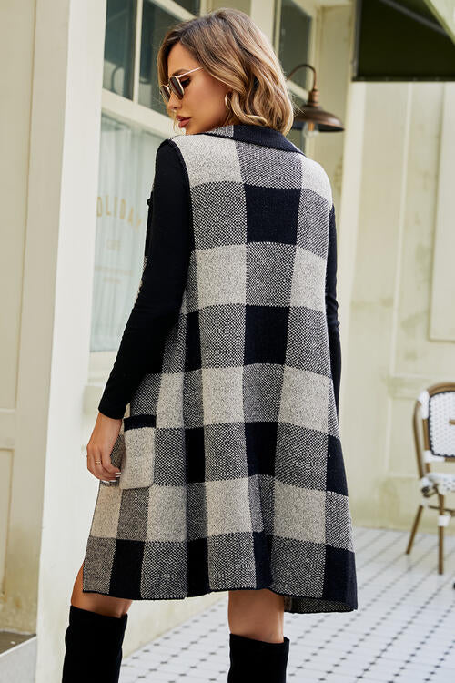 Plaid Open Front Sleeveless Cardigan with Pockets Bazaarbey