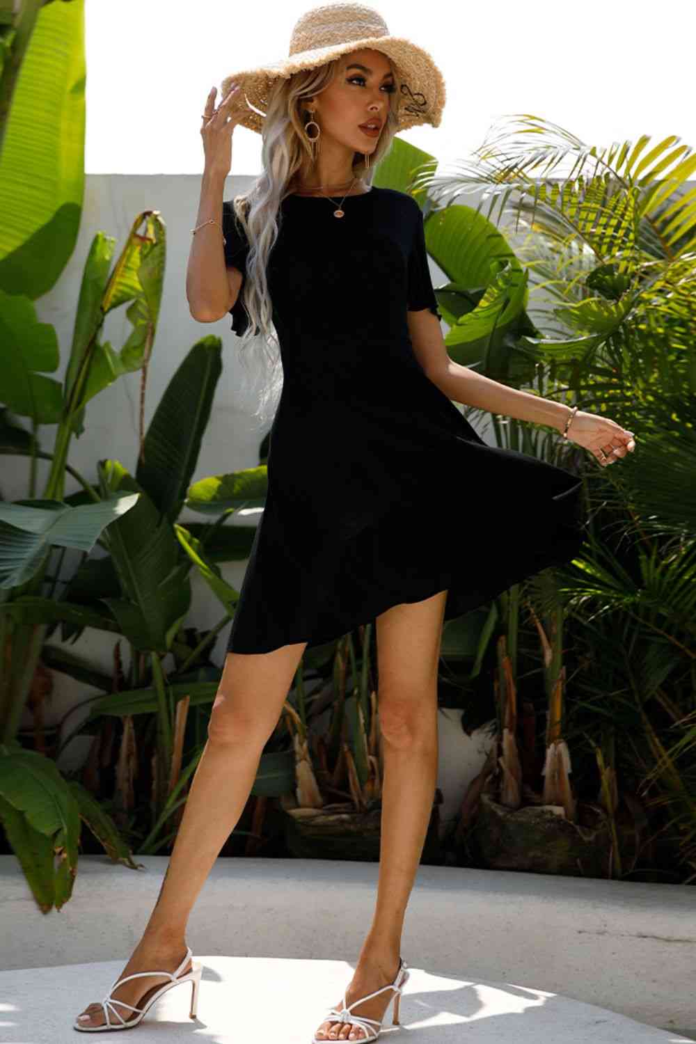 Round Neck Short Sleeve Mini A-Line Dress -BazaarBey - www.shopbazaarbey.com