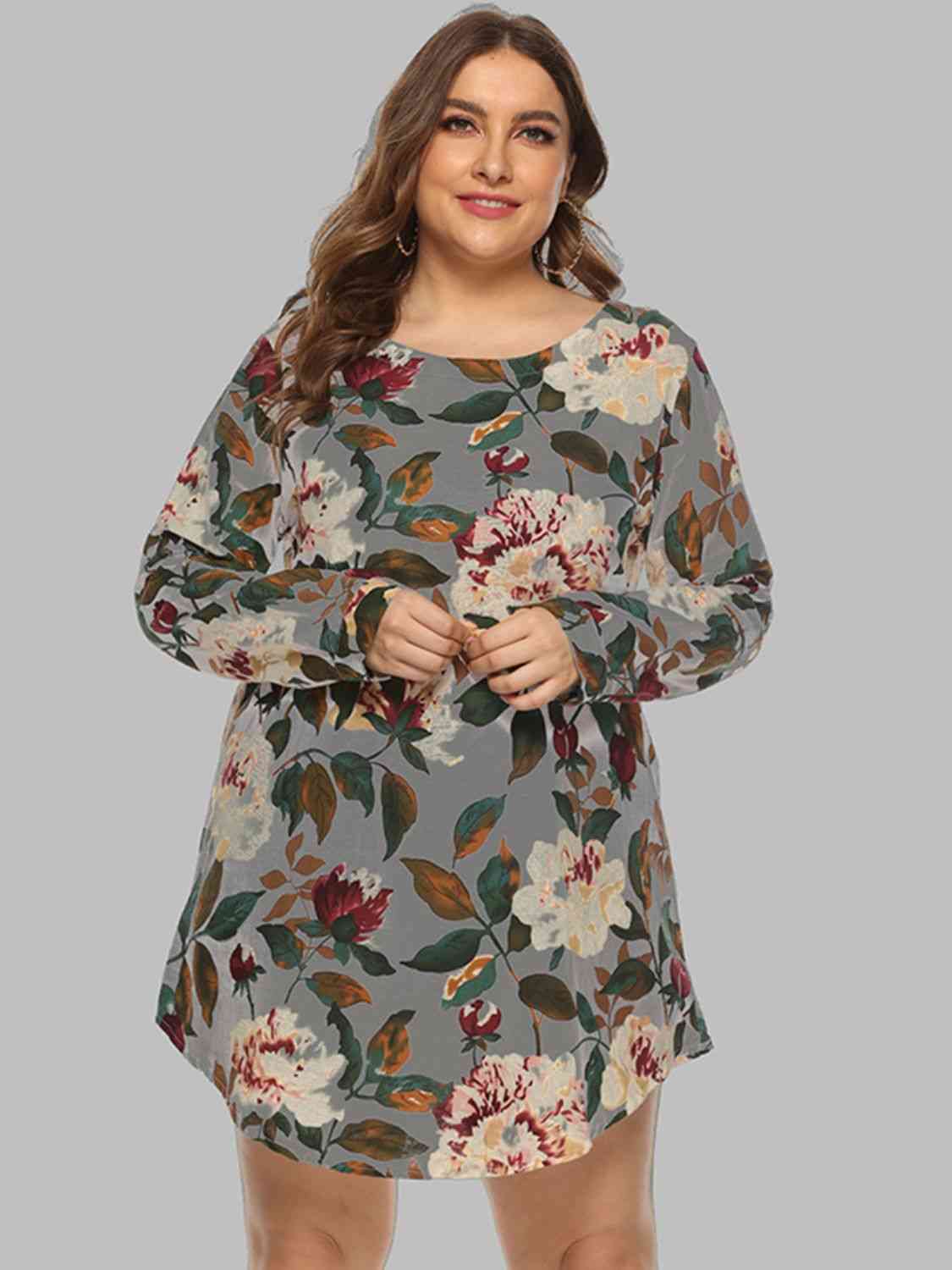 Full Size Floral Long Sleeve Mini Dress -BazaarBey - www.shopbazaarbey.com