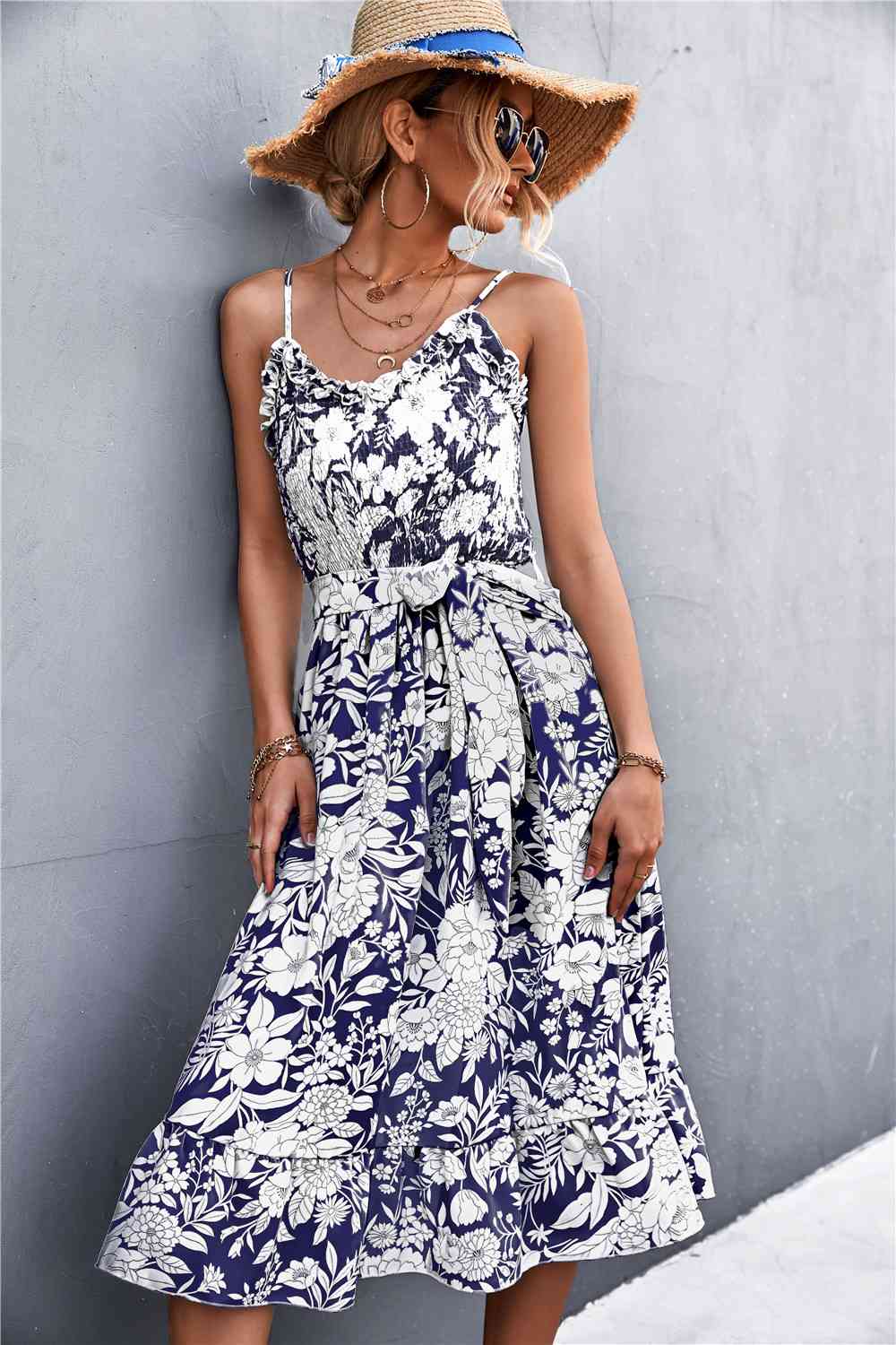 Floral Frill Trim Scoop Neck Spaghetti Strap Dress -BazaarBey - www.shopbazaarbey.com