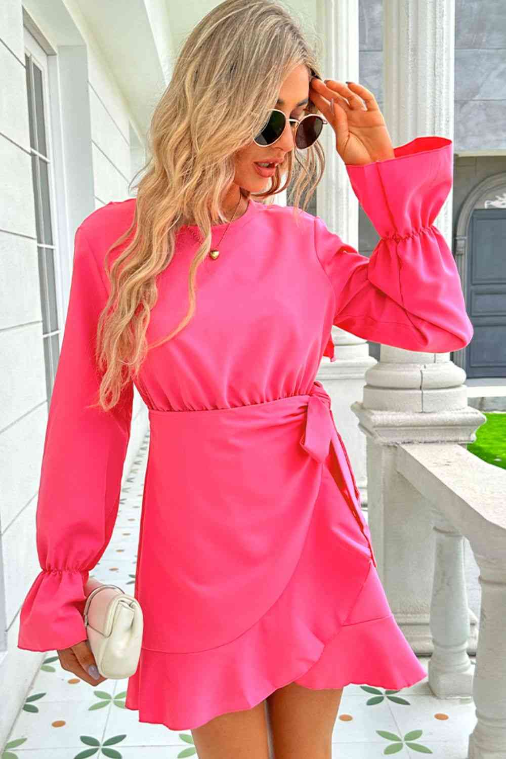 Round Neck Flounce Sleeve Ruffle Hem Mini Dress -BazaarBey - www.shopbazaarbey.com