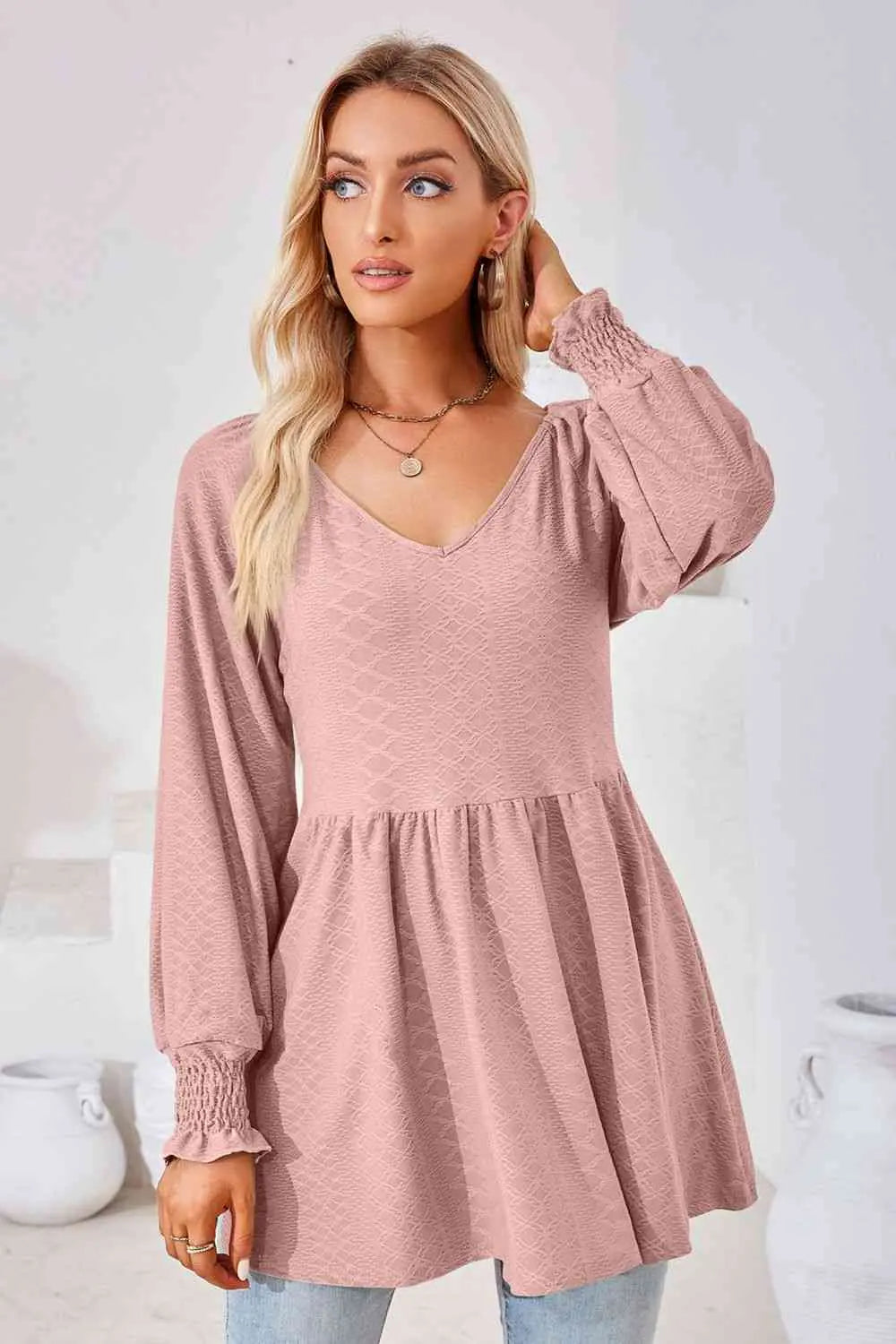 V-Neck Lantern Sleeve Blouse Bazaarbey