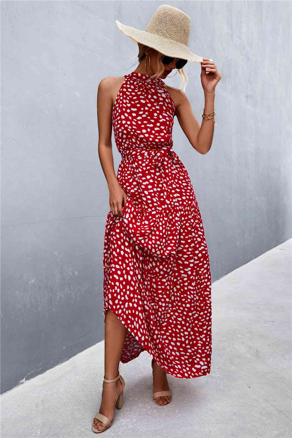 Printed Sleeveless Tie Waist Maxi Dress Bazaarbey
